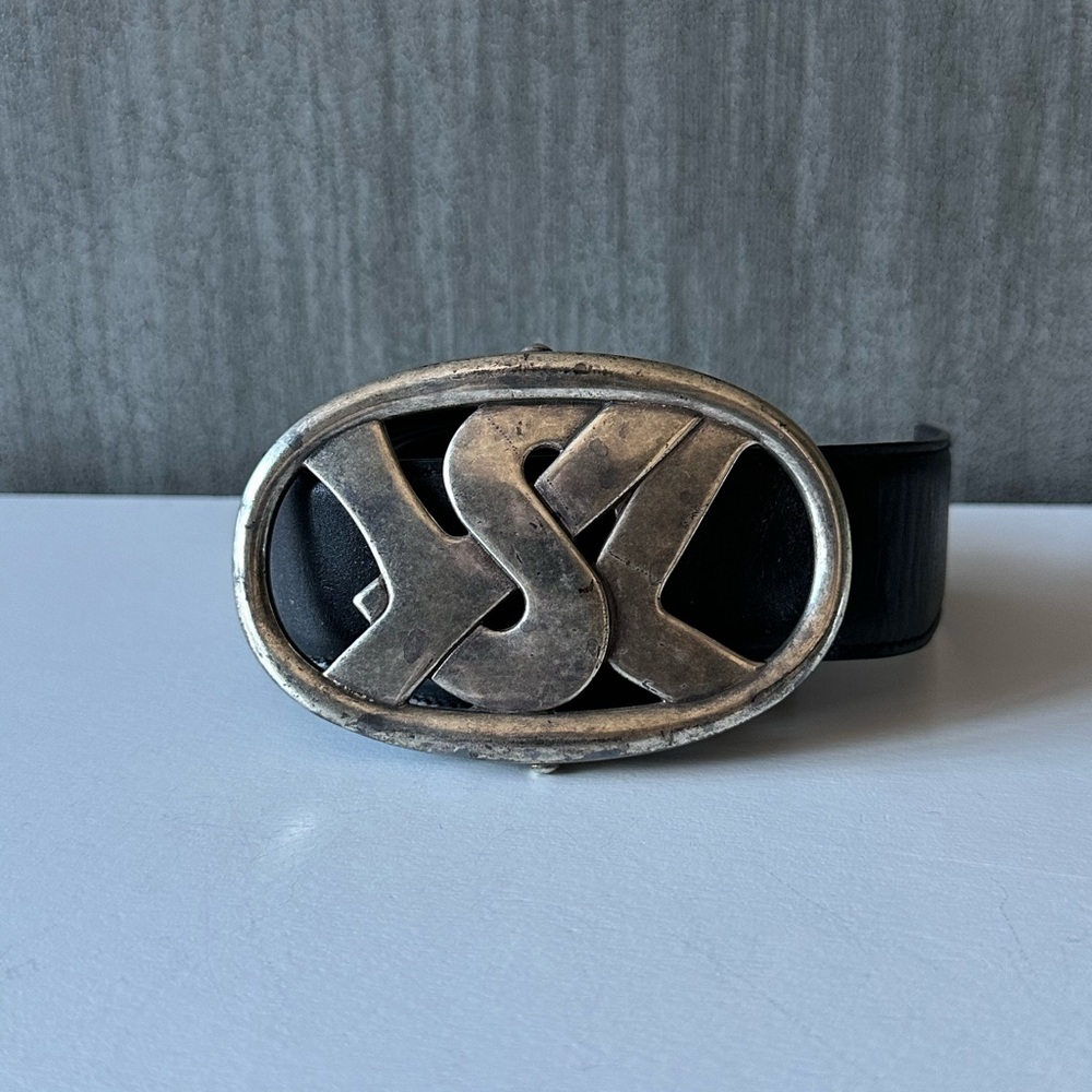 YVES SAINT LAURENT YSL LOGO BUCKLE BLACK GENUINE LEATHER BELT SZ LARGE 95 / 38